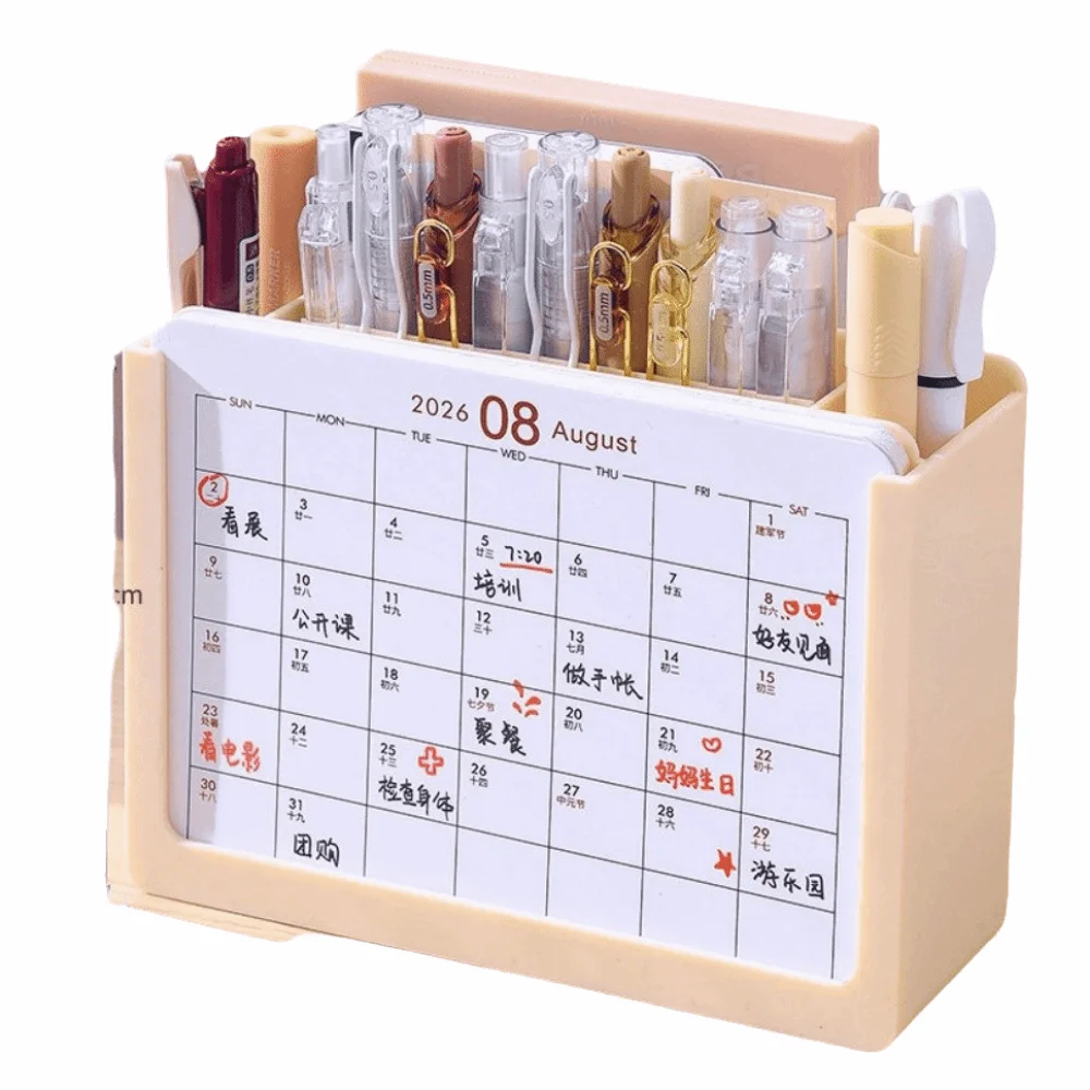 Space-Saving 2027 Desk Calendar Pen holder 3 Grids October 2026 - December 2027 Makeup Brush Holder Durable Plastic