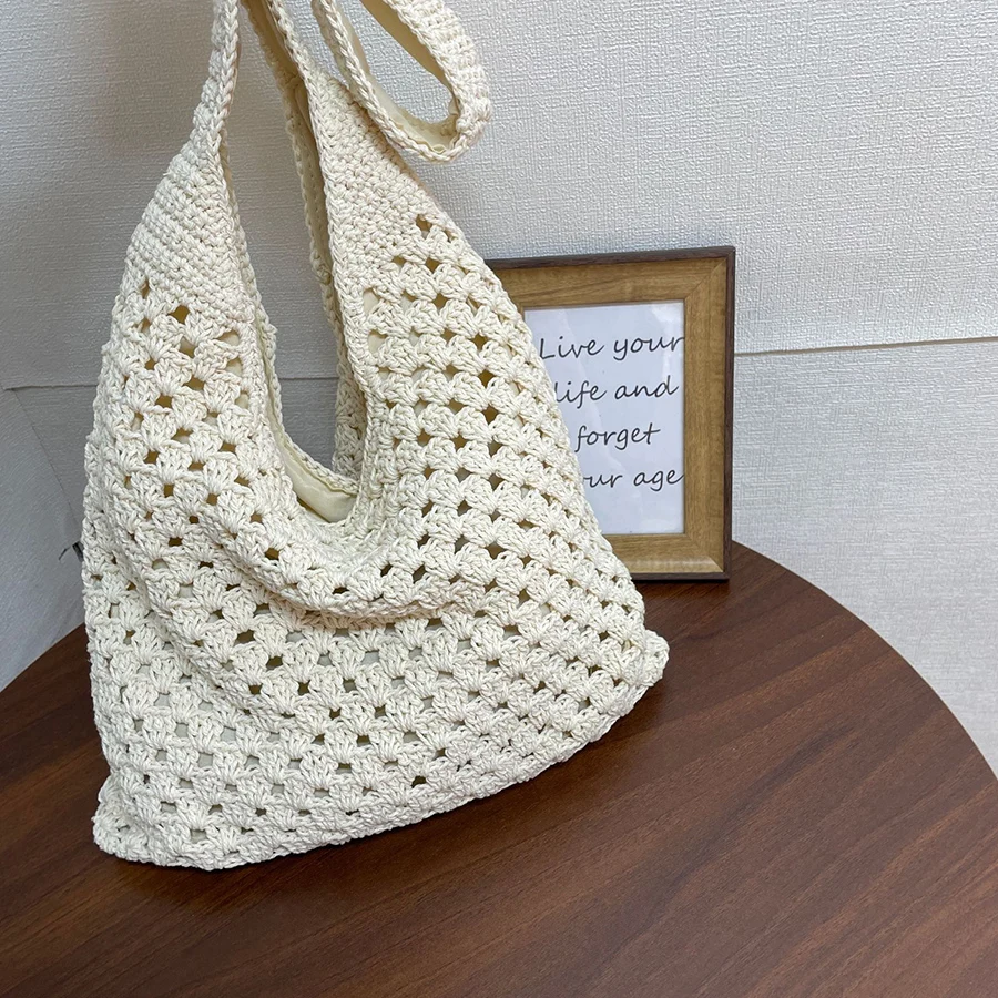 

Summer Crochet Thread Knitted Shoulder Bag Leisure Beach Hollow Handbag Solid Color Vacation Woven Totes Shopping Bags For Women