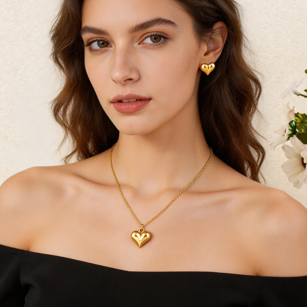 Dubai Heart Pendant Necklace and Earrings 2-Piece Set for Women Wholesale Wedding and Mother's Day Gifts