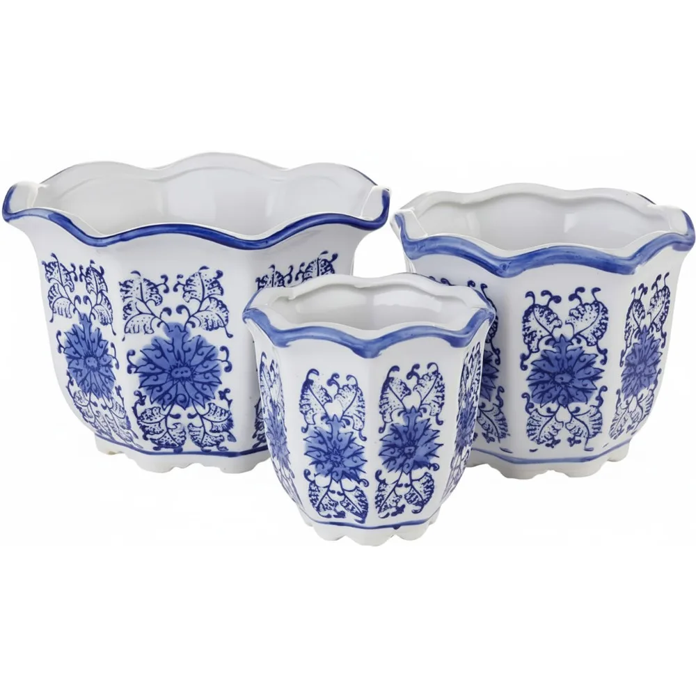 

Blue White Chinoiserie Ceramic Plant Pots Set of 3 with Drainage Holes for Indoor Plants Home Decor