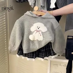 Autumn Kids Baby Girls 2PCS Clothes Set Hooded Cotton Knitted Cartoon Dog Sweaters Plaid Pleated Skirts Suit Toddler Girl Outfit