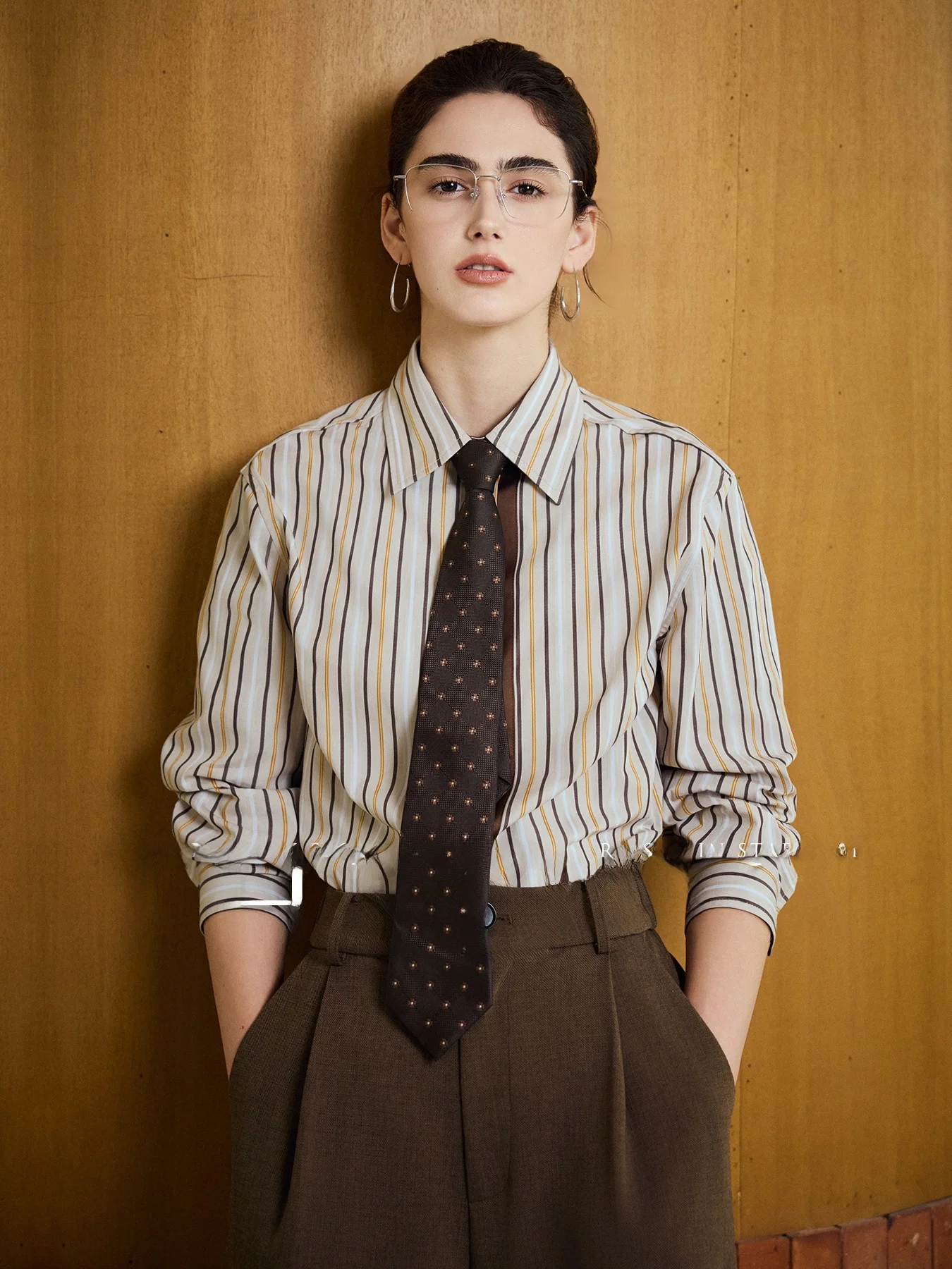 

Classic Striped irt the Diva Long Staple Cotton Retro Oaeal Apricot Color Blo Faionable Women's Busin Casual irt