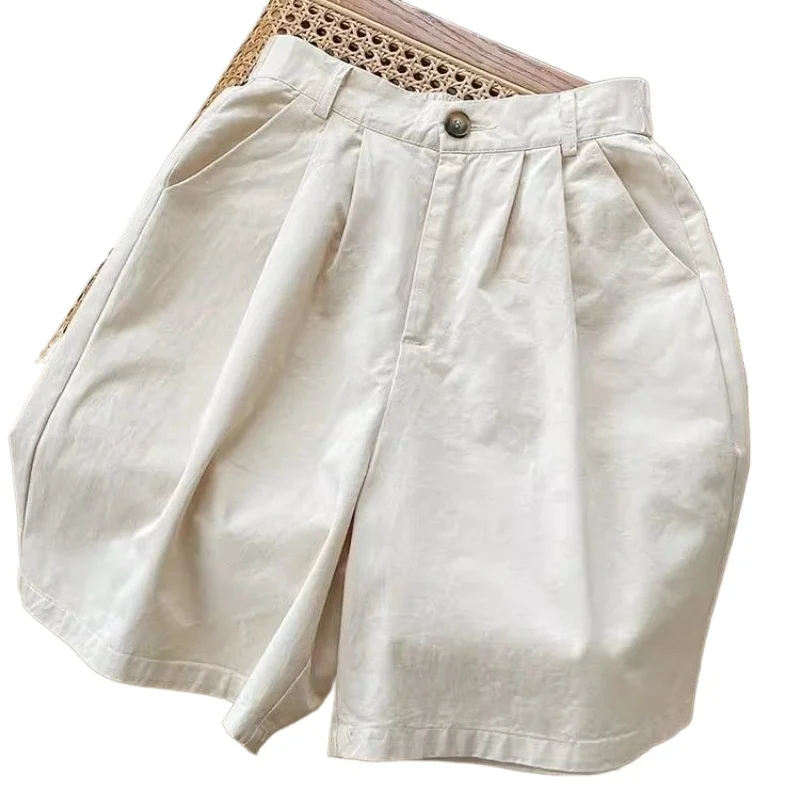 Summer Cotton Shorts for Women Straight Leg Wide Leg Loose Fit Casual Elastic Waist Black Color Fashionable Women's 2026