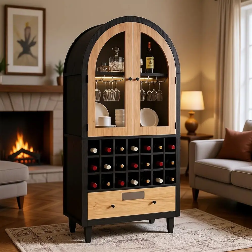 

Винный шкаф с арочными стеклянными дверцами и держателями для бокалов для домашнего бара, столовой, кухни, гостиной, прихожей