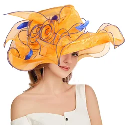 FS Kentucky Derby Fascinators Hat For Women Ladies Organza Sun Hats Wide Brim Wedding Bride Tea Party Church Fedoras Hat Flowers