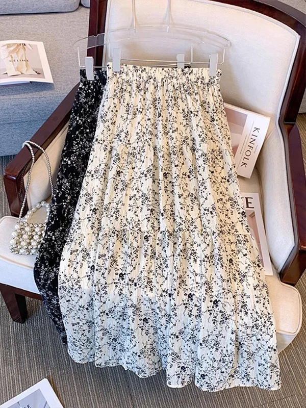 Falda Midi de Verano con Cintura Alta, Estilo Vintage, Estampado Floral, Cintura Elástica, Color Albaricoque, Versátil, Corte en A para Mujer