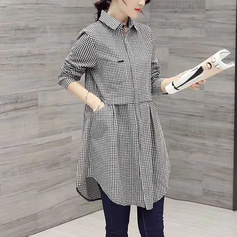 All-match Button Solid Midi Shirt Female 2023 Spring Autumn New Korean Fashion Spliced Loose Long Sleeve Polo-Neck Blouse