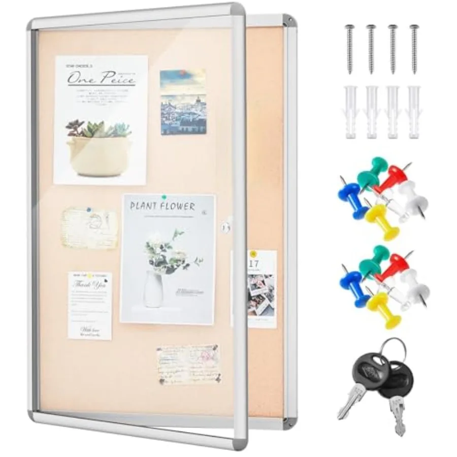 

26 x 20 Inch Enclosed Fabric Bulletin Board Tamperproof Lockable Noticeboard FabricandAluminium Frame Display Cases Wall-Mounte