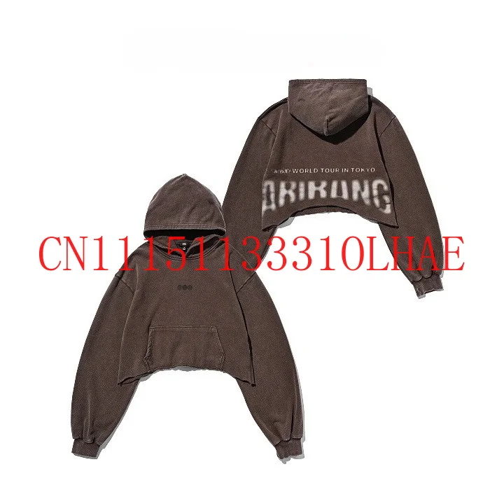 2026 Brauner gewaschener Distressed Cropped Hoodie mit ARIRANG-Print, kurzer Oversized Hoodie, lässiges Streetwear-Sweatshirt