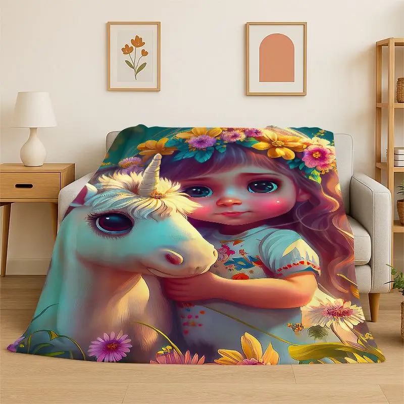 Dream Unicorn Rainbow Cartoon Flannel Blanket Soft Warm Throw Blanket for Bedroom Living Room Bed Travel Camping Picnic Cover