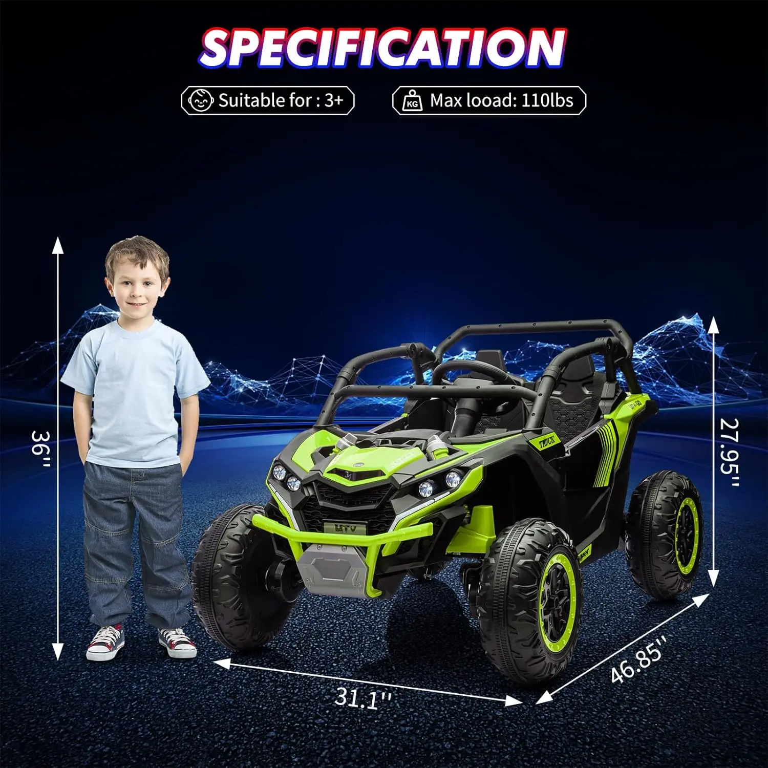 24V 2-zits rit-on UTV kinderen 4WD off-road elektrisch voertuig, afstandsbediening, LED-verlichting, muziek, hoorn, schokdempers, 110 lbs belasting