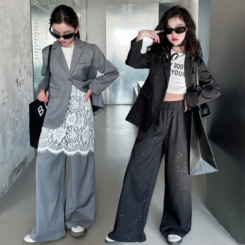 

design teen girl shiny suit set black gray Blazer+Wide leg pants 2pc junior kid clothes sets child outftis vetement enfant fille
