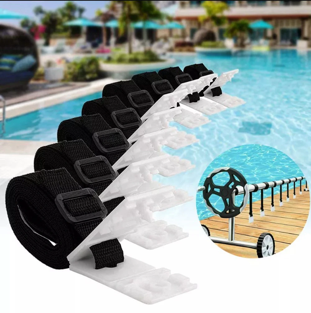 8Pcs Swimming Pool Cover Reel Set Storage Spool Pool Solar Cover Roller Attachment Strap Clip Kit Large Pool Accessories