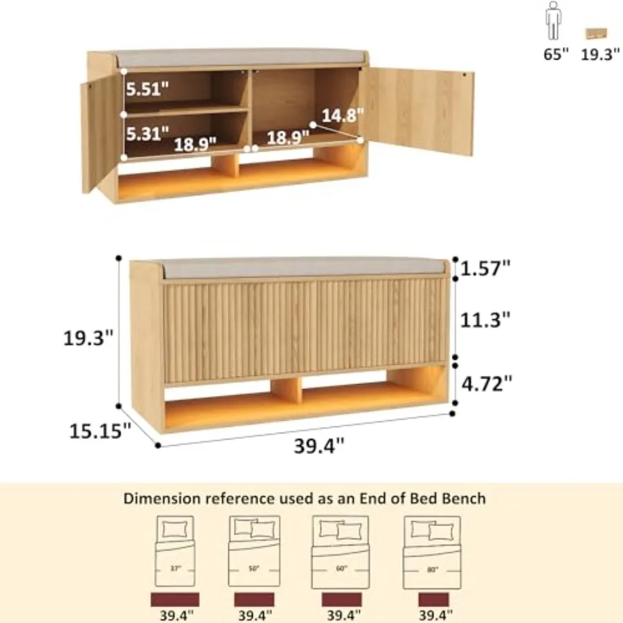 Entryway bench for shoe storage, fluted natural oak wood, beige linen seat cushion, adjustable shelf and built-in LED sensor li
