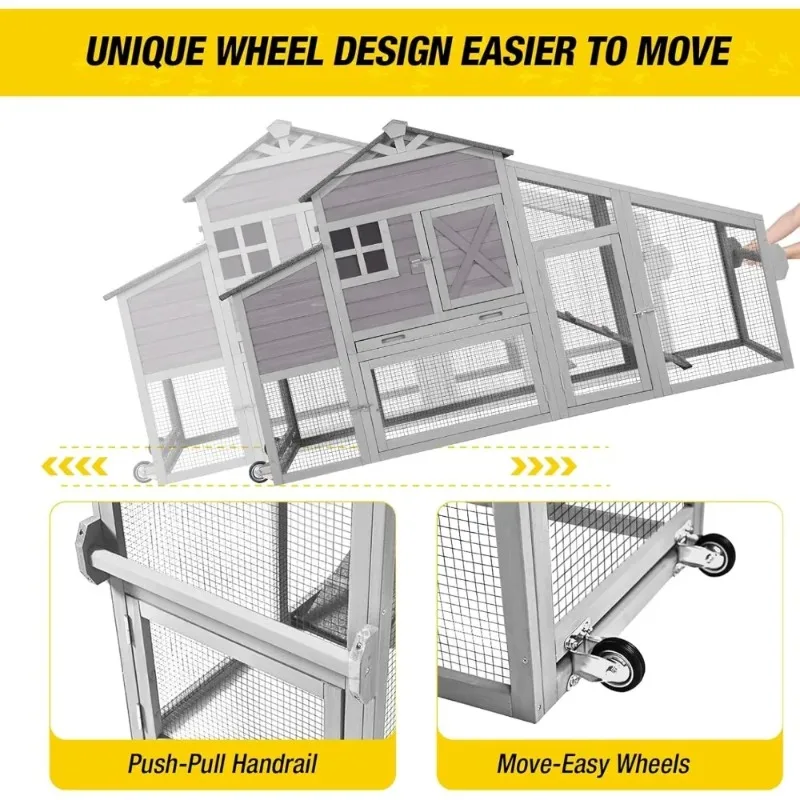 Chicken Coop Mobile Chicken Coop with Large Coop, Expandable Outdoor Wooden Poultry Cage with Wheels