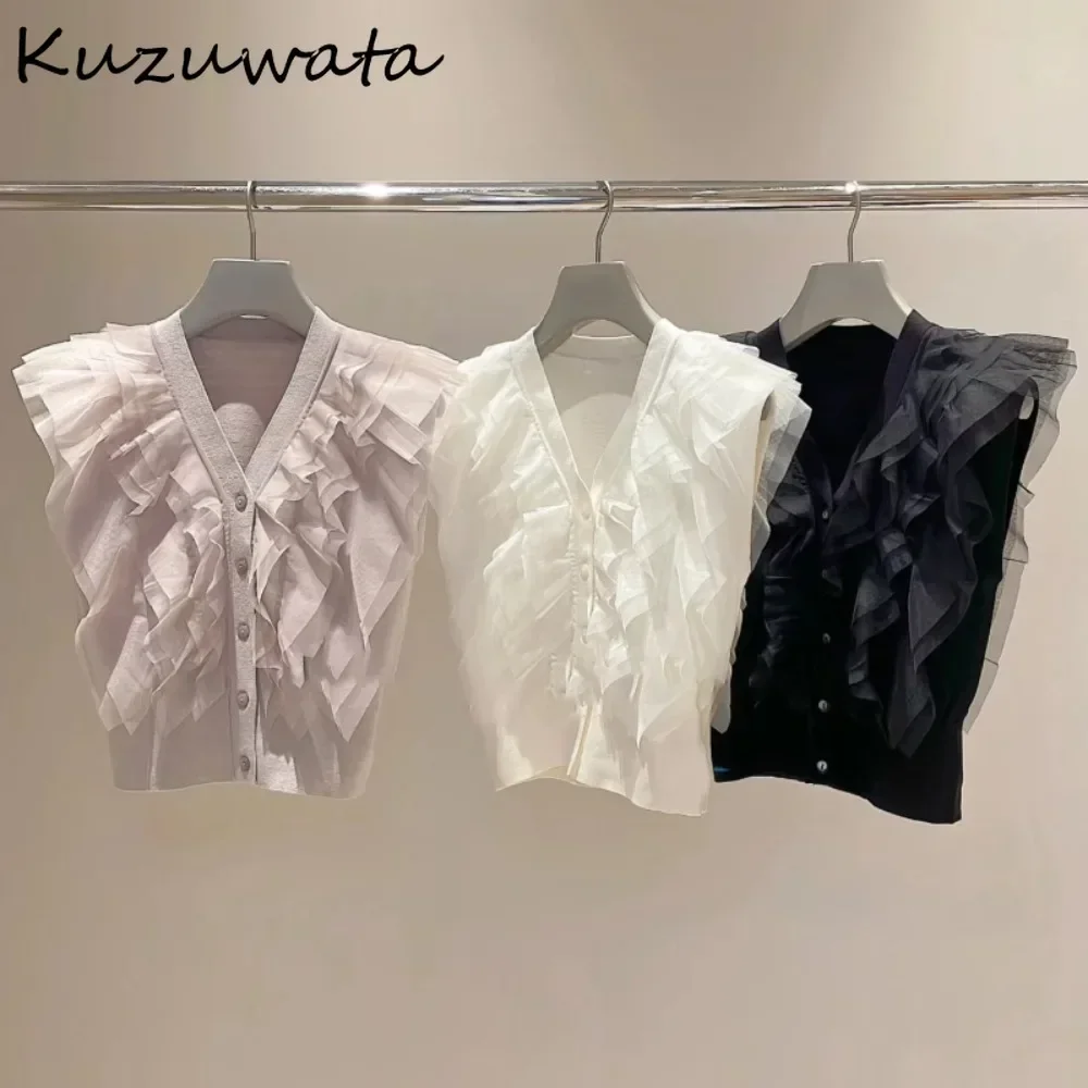 Kuzuwata Sweet V Neck Sleeveless Patchwork Jumper Knit Voile Single Breasted All-match Cardigan Japanese Fresh Ruffles Sweaters