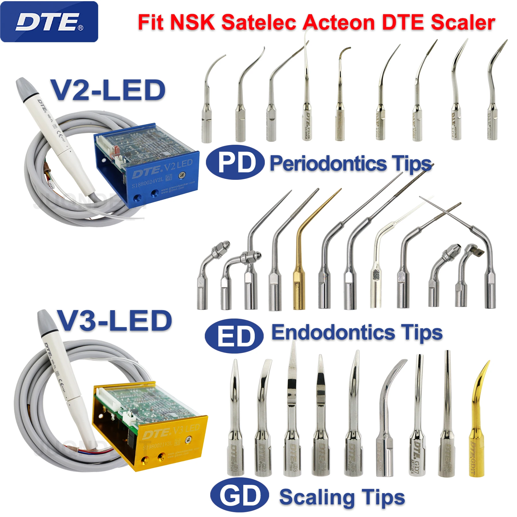 Woodpecker-DTE Dental Ultrasonic Scaler Dicas para Odontologia, Endodontia, NSK, Satelec, Acteon Handle, V2, V3, LED