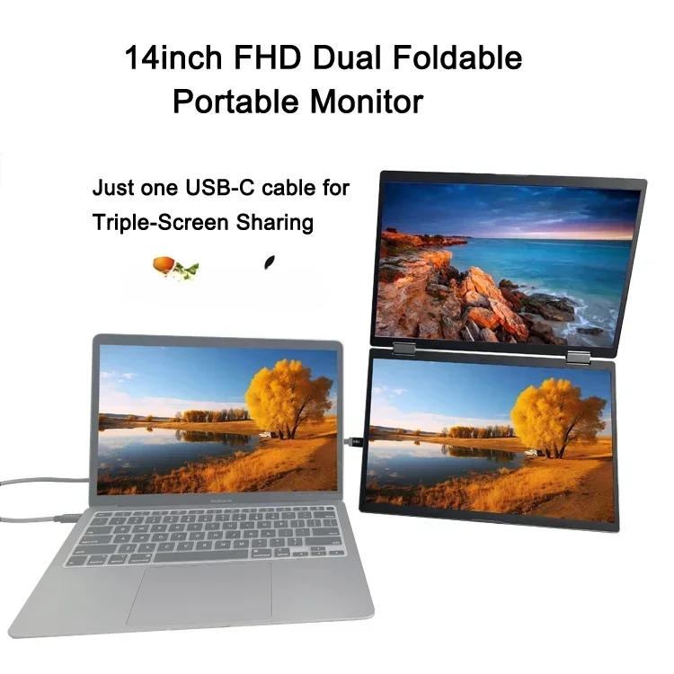 14 inch 1080p Laptop Screen Extender Dual Monitors H DMI USB-C Stacked Tripe Portable Monitor for Laptop Windows Mac