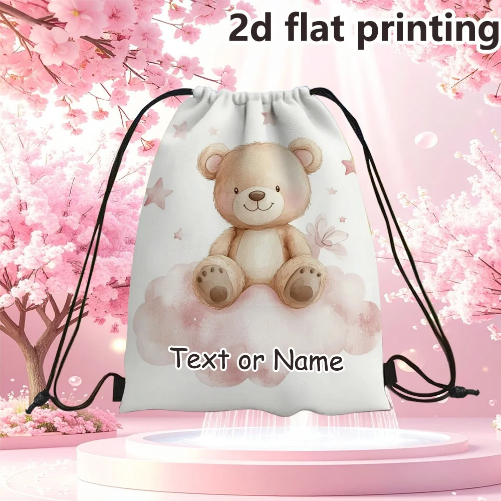 1Pc Personalized Teddy Bear Pattern Custom Text/Name Drawstring Bag, Lightweight Travel Sports Bags Gym Sack Storage Backpack