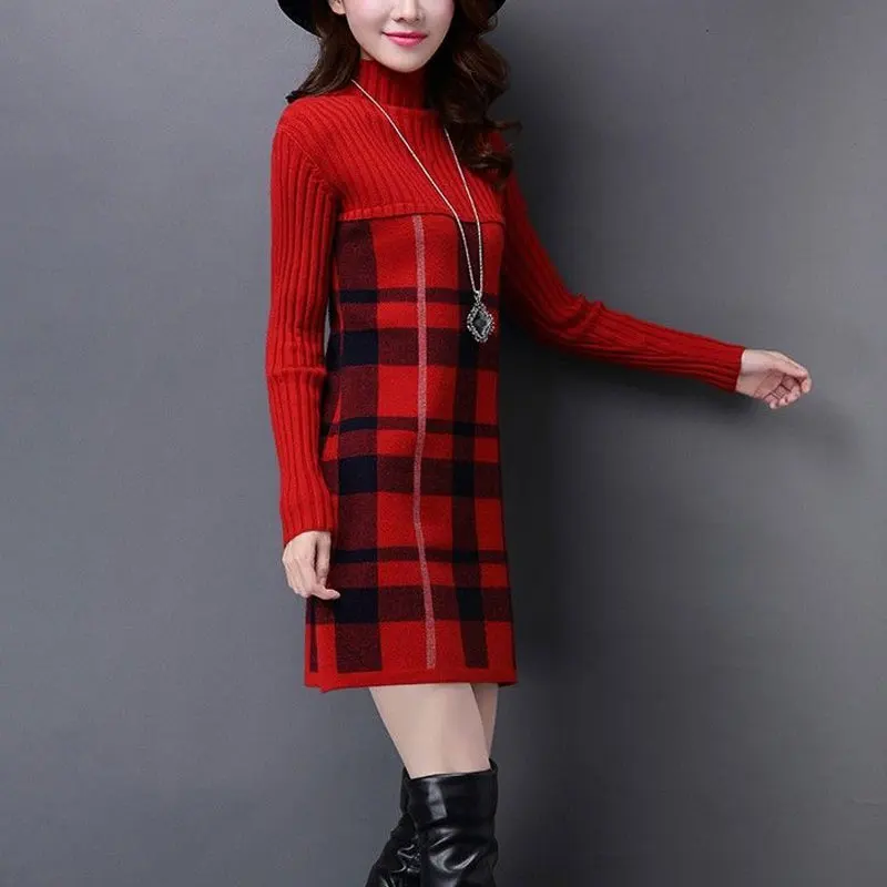 Vintage Knitted Plaid Patchwork Dresses Autumn Winter Fashion Half High Collar Commute Women's Clothing Long Sleeve Midi Dress