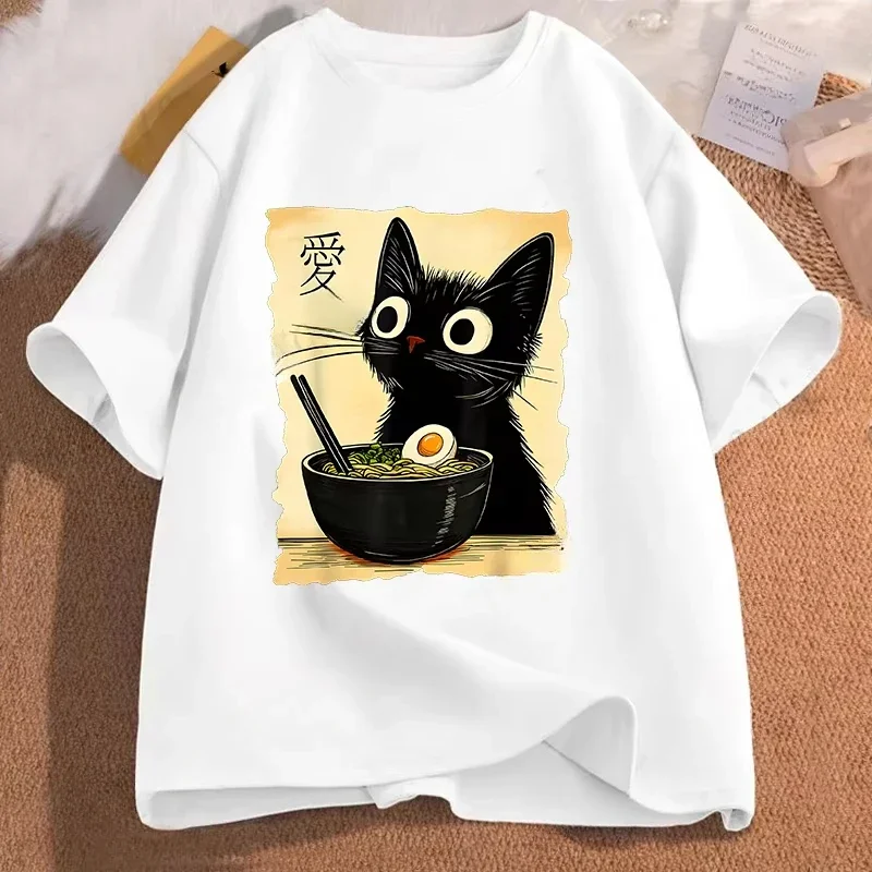 Frauen Lustige Katze Ramen Graphic Tee Japanische Kawaii Anime Katze T-Shirt Mode T-shirts Kurzarm Kleidung Trend Casual T-shirts