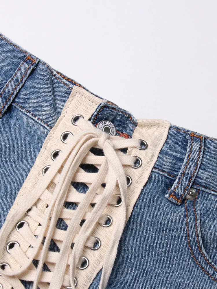 TWOTWINSTYLE Patchwork Ribbons Denim Shorts For Women High Waist Hollow Out Casual Streetwear Short Trousers Female Fashion 2022