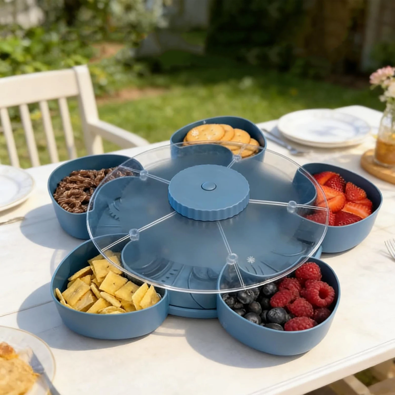 Portable Spin Snack Organizer Box Large Capacity Divided Serving Tray Compartment Charcuterie Board w/Lids Cover for Home Party