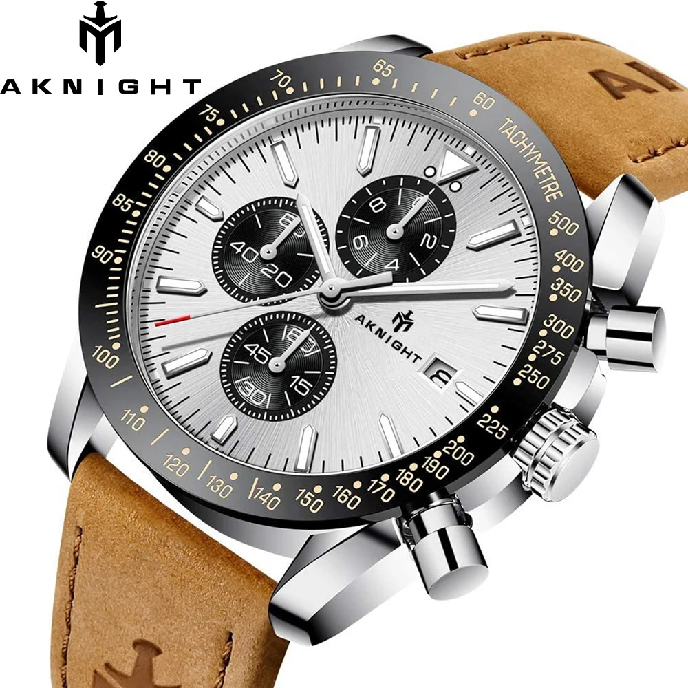 AKNIGHT Watch for Men Stainless Steel Genuine Leather Strap Waterproof Watches Fashion Sport Chronograph Relogio Masculino