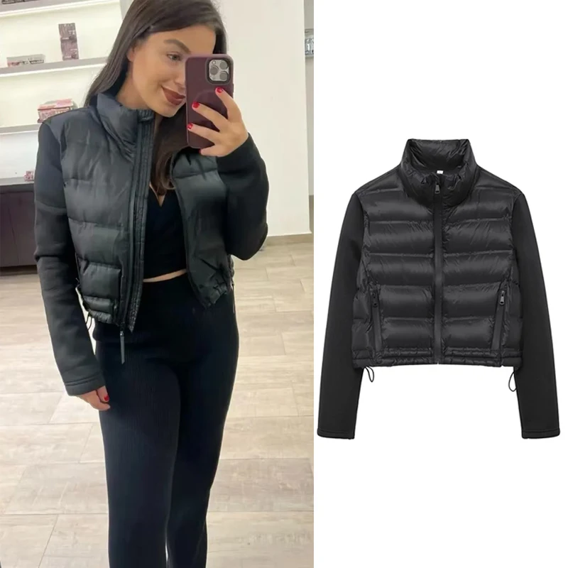 greatguy Women\'s stand-up collar zipper Black splicing cotton jacket Female Autumn Fashion Short Coat Chic Outerwear