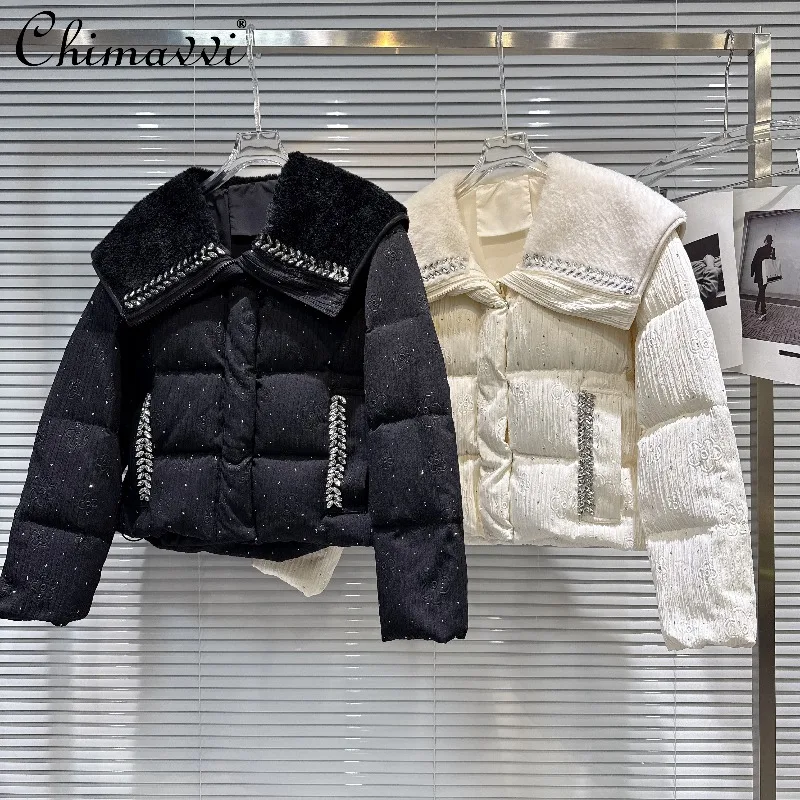 

2025 Winter New Sweet Fashion Fleece Navy Collar Rhinestone Trim Jacket Women Heavy Long Sleeve Loose Warm Cotton Coat Women