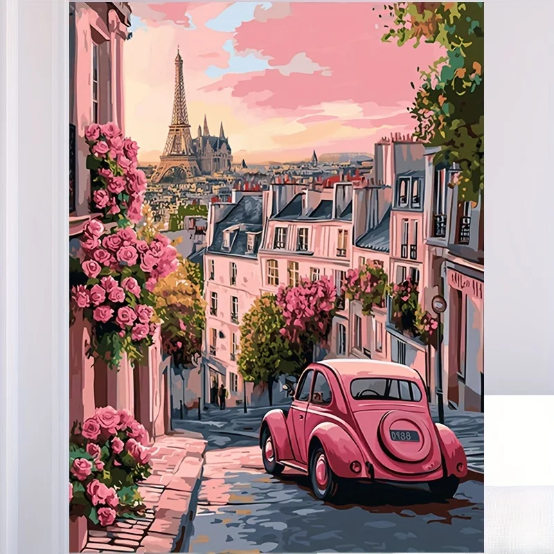 

Stylish Paris Street Scene Canvas Painting Eiffel Tower and Floral Architecture Wall Decoration for Living Room Bedroom Office