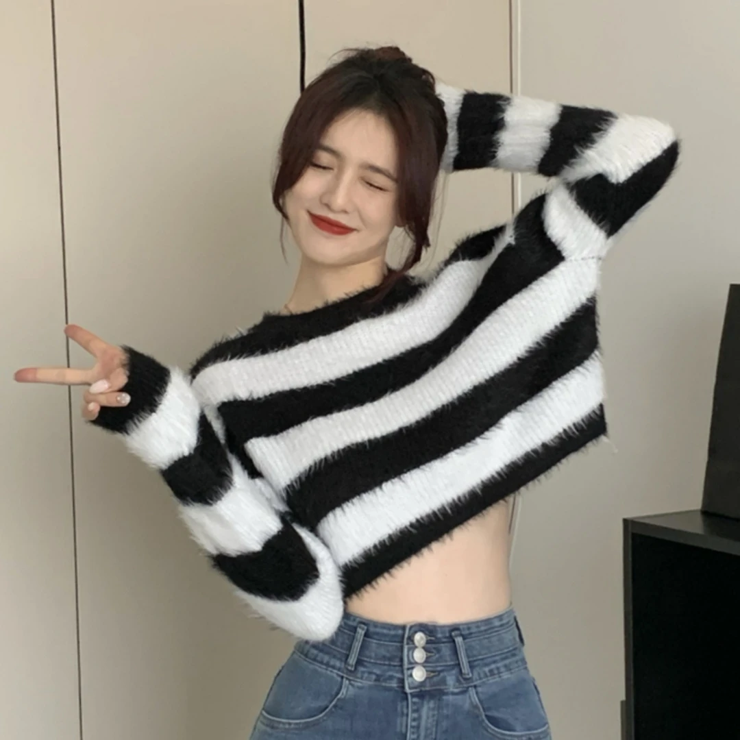 

Soft Cozy Striped Knitted Sweater Women Spring Autumn Loose Slim ort Long Sve round Ne Pullover Faionable Small Size
