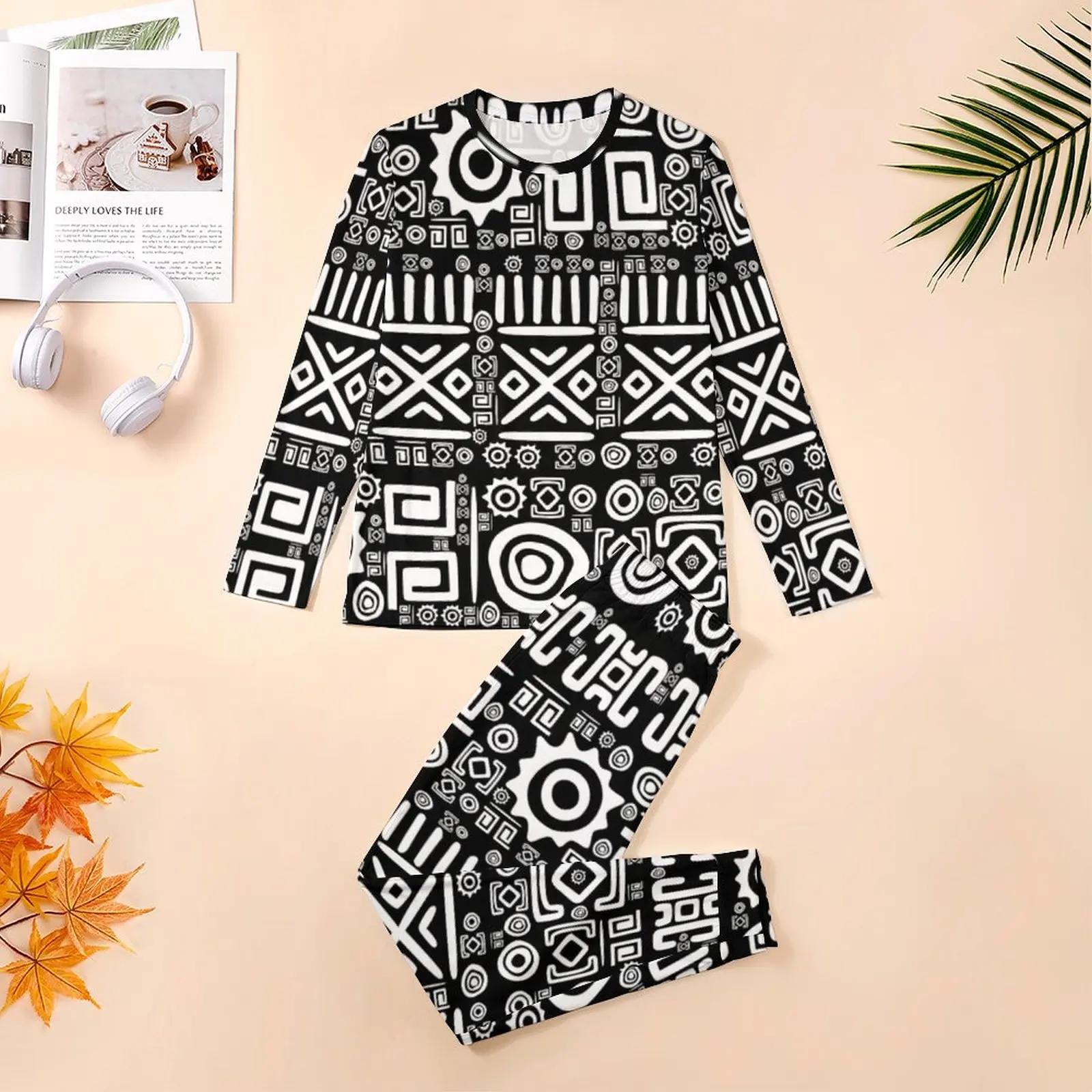 Ethnic African Pajamas Spring Black and White Aesthetic Sleepwear Men 2 Piece Custom Long Sleeve Cute Big Size Pajama Sets