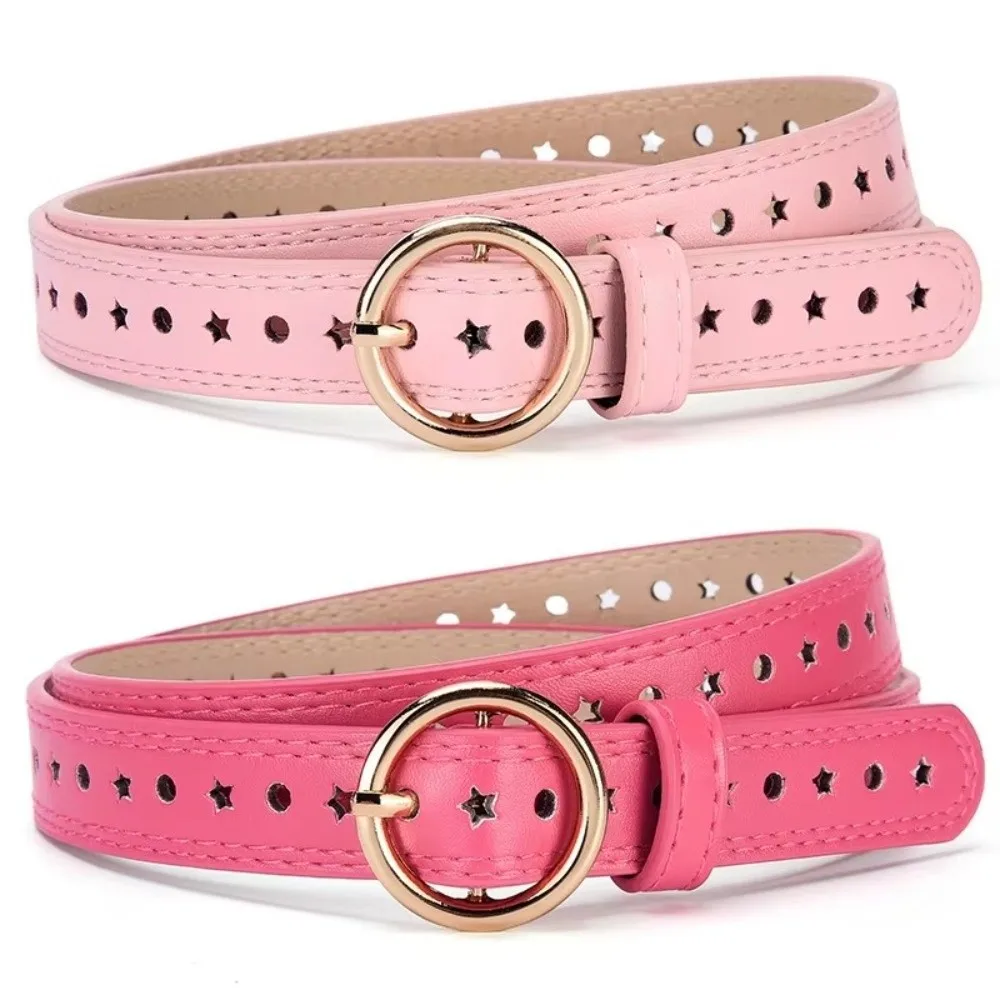 Colorful Children's Dress Belt Round Buckle Versatile Women's Everyday Belt Perforated Design Five-Pointed Star Belt Gift
