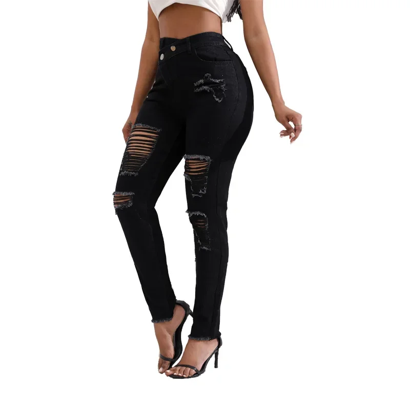 Jeans jeans de cintura alta feminina, calças lápis, slim fit, bolsos, streetwear sexy, bainha sólida, angustiado, comprimento do tornozelo, 2021