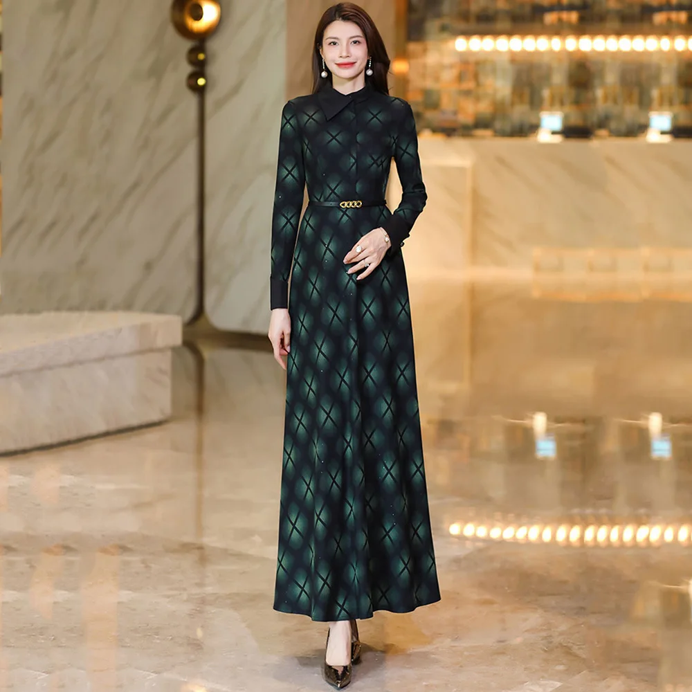 New Women Spring Autumn Green Plaid Dress Fashion Chic Collar Long Sleeve Slim Waist Dress Simplicity Elegant Overlength Dress