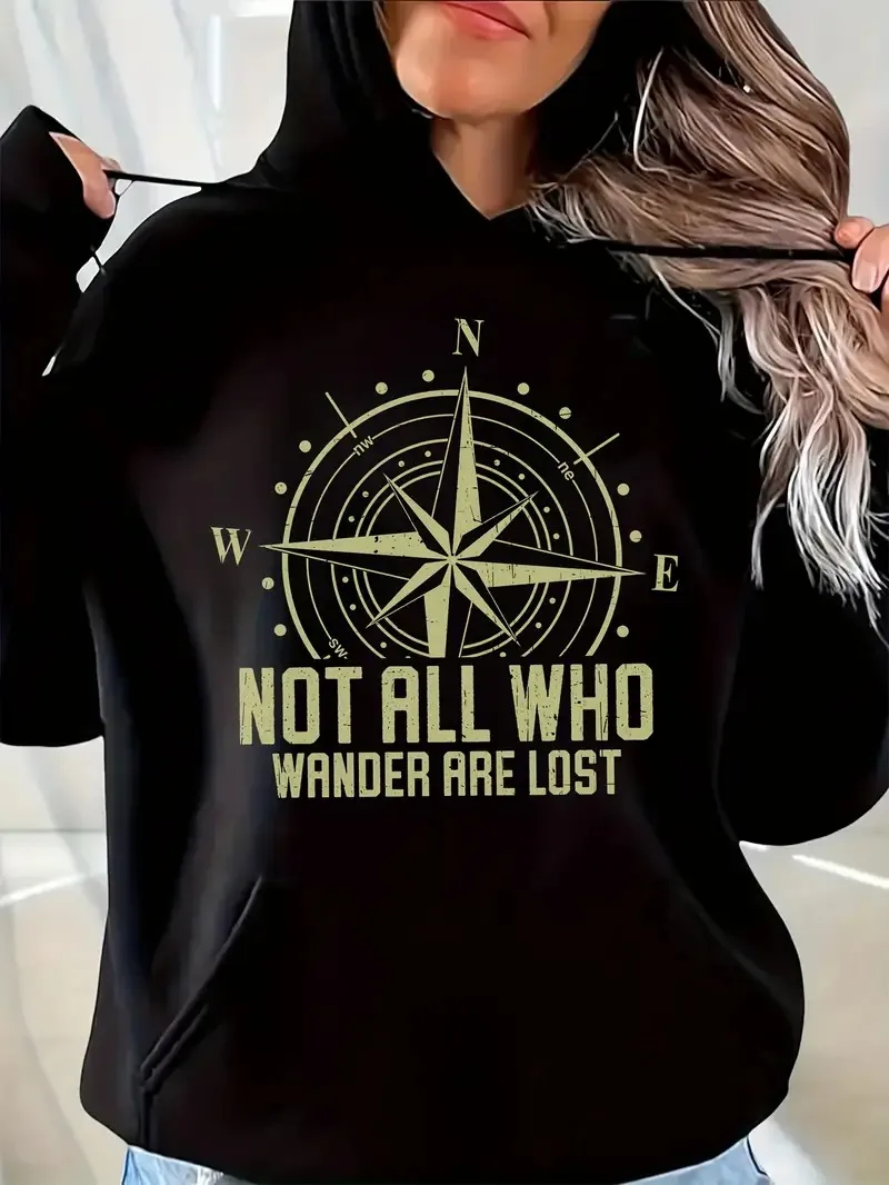 

Уютная зимняя толстовка с капюшоном на осень и зиму 2025 года _ не Wander Lost_ Compass Graphic Высококачественная роскошь для мужчин и женщин Топ Y2k