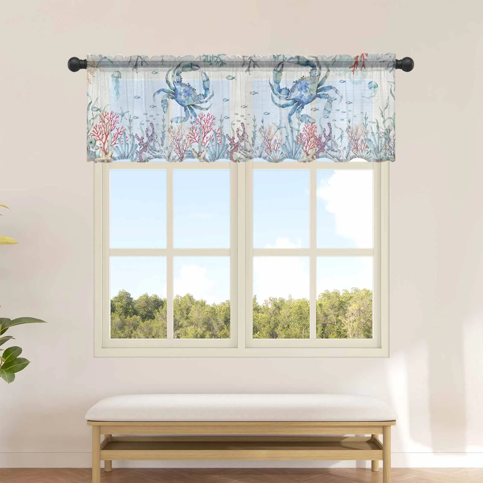 Summer Ocean Coral Blue Crab Starfish Jellyfish Kitchen Small Window Curtain Tulle Sheer Short Curtain Living Room Voile Drapes