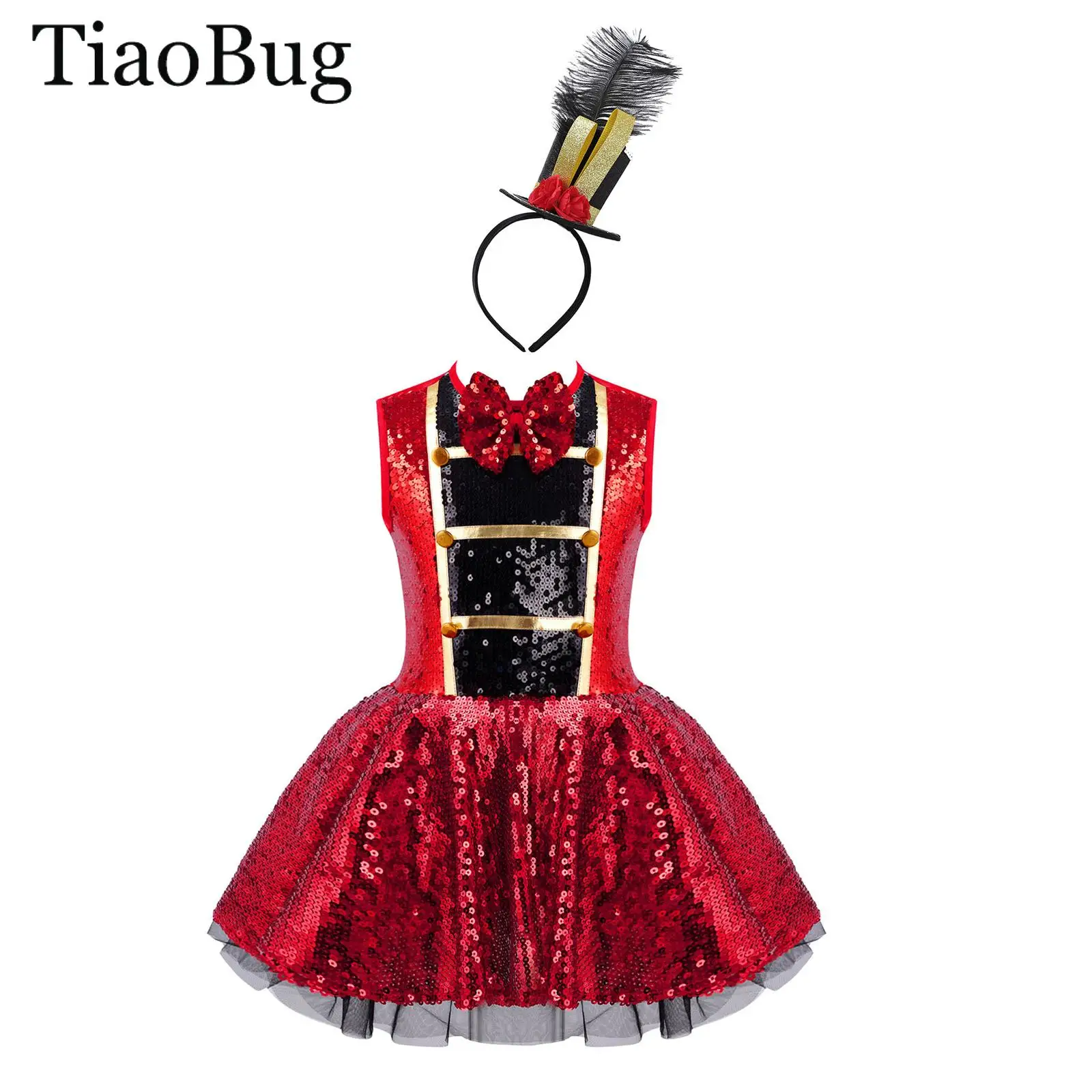

Girls Circus Ringmaster Costume Shiny Sequin Leotard Ballet Tutu Dress +Feather Mini Top Hat Halloween Carnival Party Dress Up