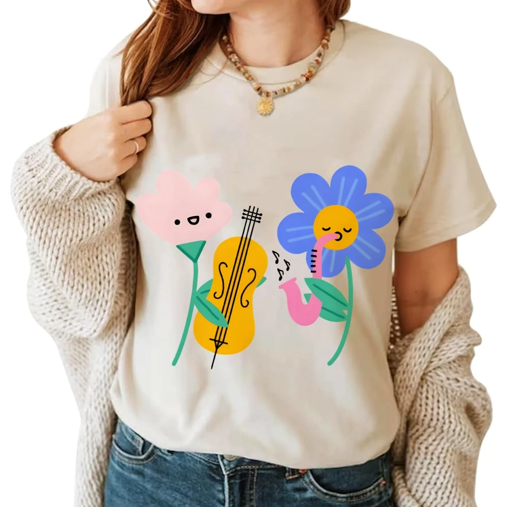 

Graphic T-shirt Flower Instruments T-shirt 100% Cotton High Quality Oversize Colorful T-shirt Musical Flowers Print Fun Y2K Vibe