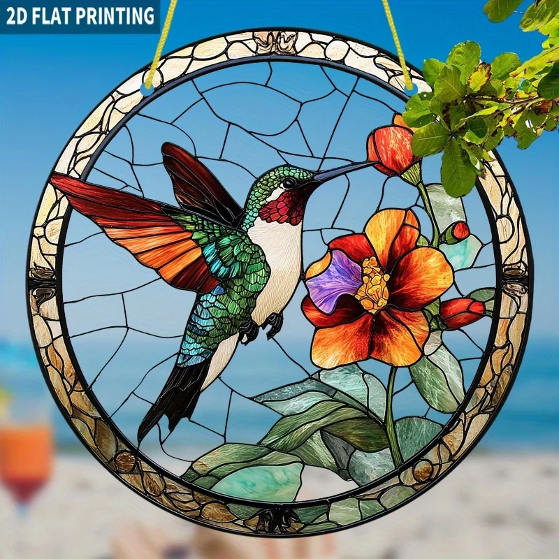 Acrylic Painting Stained Glass Style Hummingbird with Orange Flower Plastic Window Hanging Suncatcher, 2D Flat Acrylic Panel Wal
