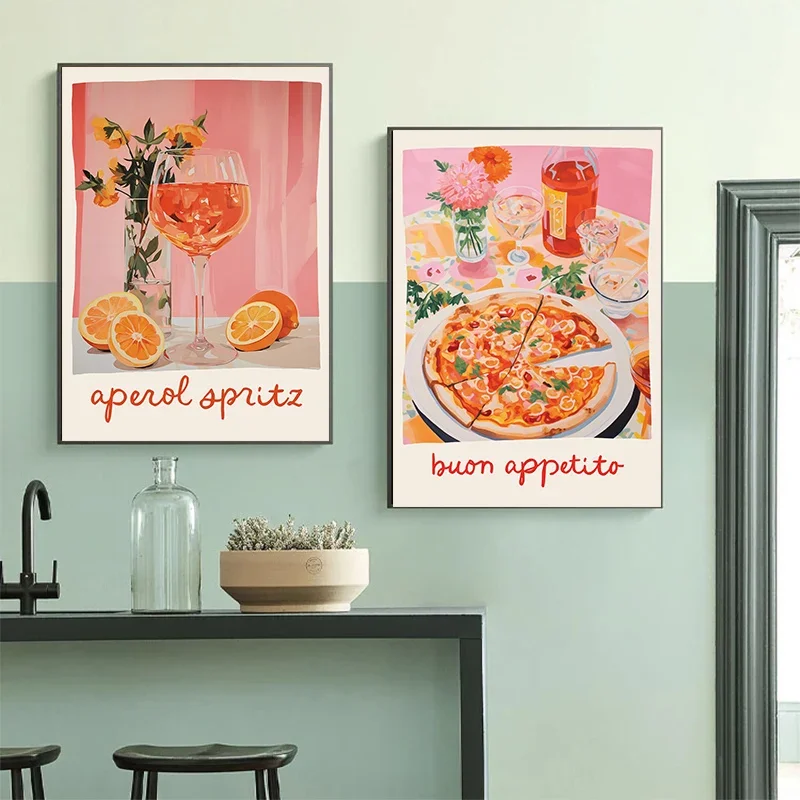 Multiple sizes 1pc frameless Canvas Painting,Aperol Spritz Pizza and Wine Negroni  Cocktail Poster, Trendy Bar Canvas Painting P