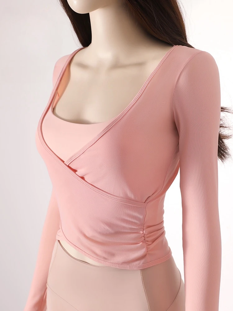 New Style Women\'s Cross Long Sleeve Running Tops Fall Side Waist Wrinkled Bra Padded Exercise Yoga T-shirt