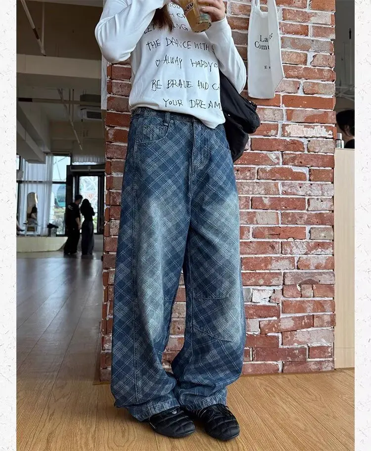 جينز جينز جديد على الطراز الأمريكي القديم من Diamond Grid مغسول لكل من الرجال والنساء Y2K سروال واسع الساق فضفاض ملابس الشارع الشهير على الأرض #3