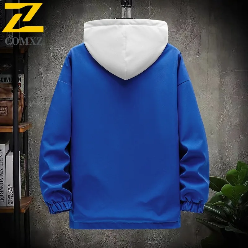 COMXZ 2025 Mens Korean Style Faux Two Piece Hooded Jacket Spring Autumn Breathable Versatile Trendy Casual Coat