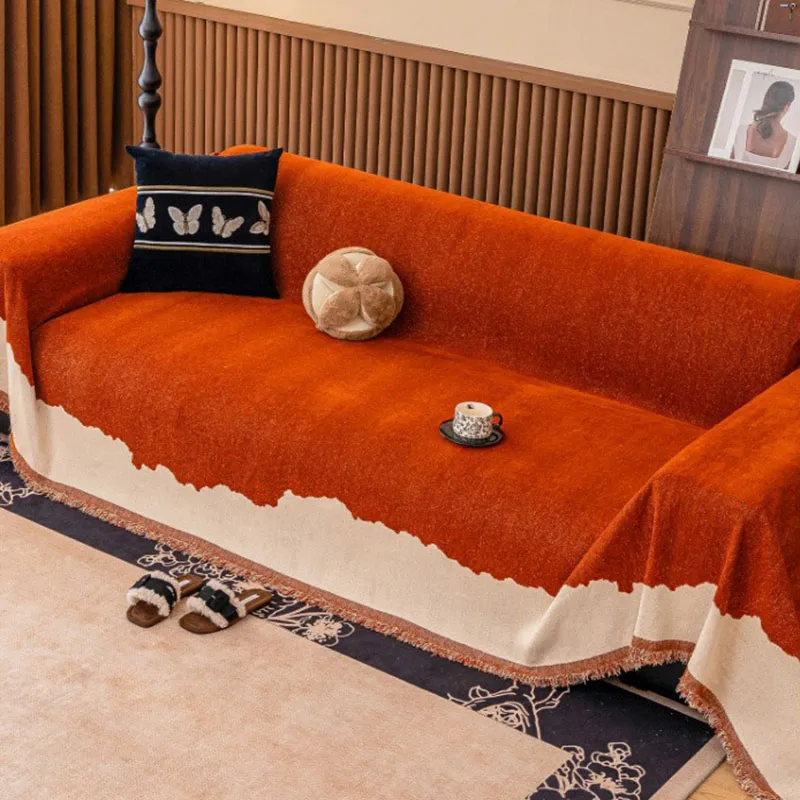 High-End Contrast Sofa Towel with Tassels All-Inclusive Anti Cat Scratch Sofa Cover Soft Four-Season Universal Couch Covers