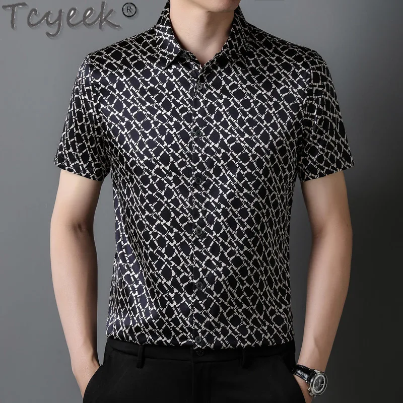 

Tcyeek 93% Real Mulberry Silk Shirt Men Summer Clothes Short Sleeve Top Fashion Mens Shirts Thin Style Shirt Camisa Masculina