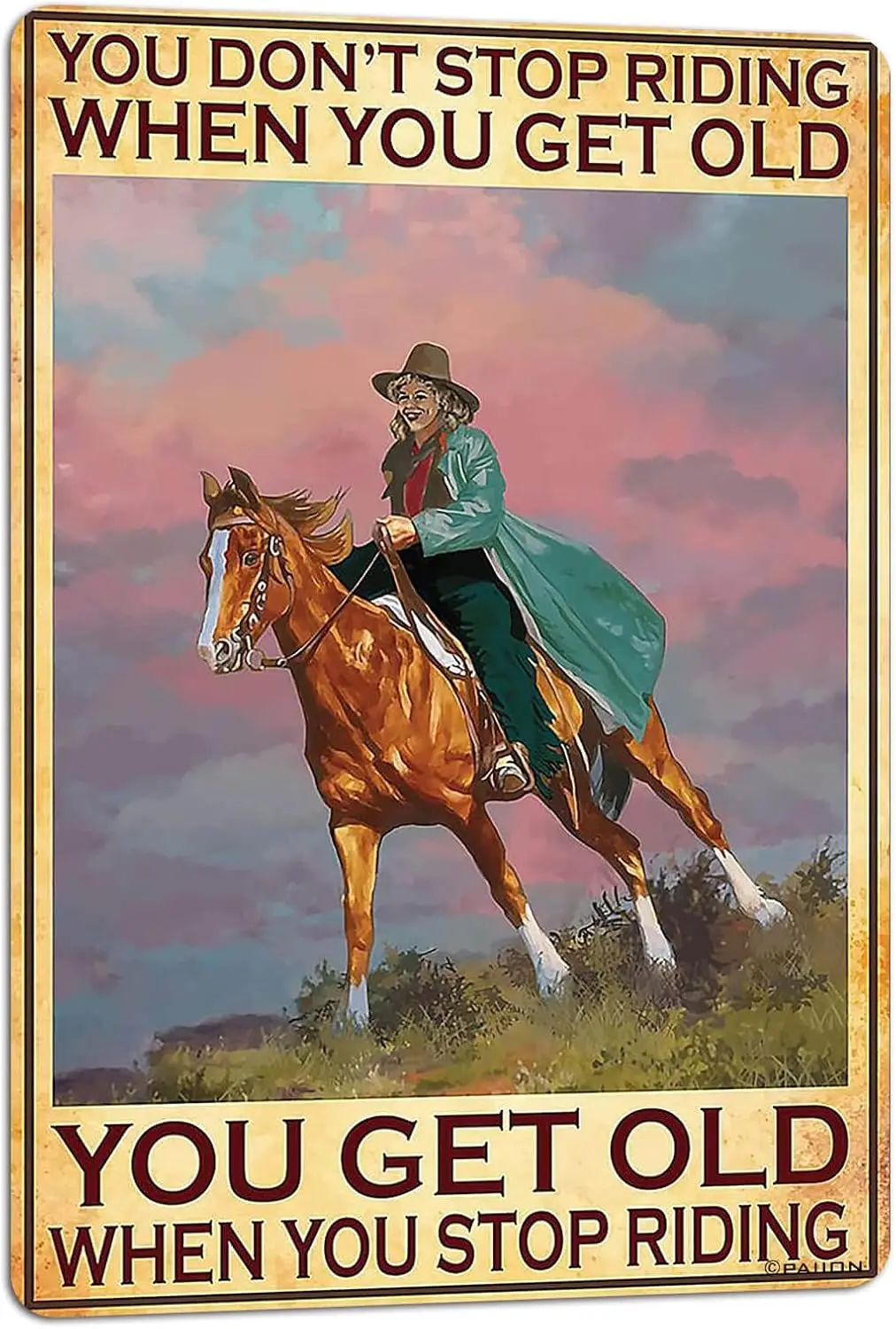 PAIION Metal Vintage Sign Cowgirl Riding Horse You Don't Stop Riding When You Get Old Poster Home Living Room Decoration, Fu