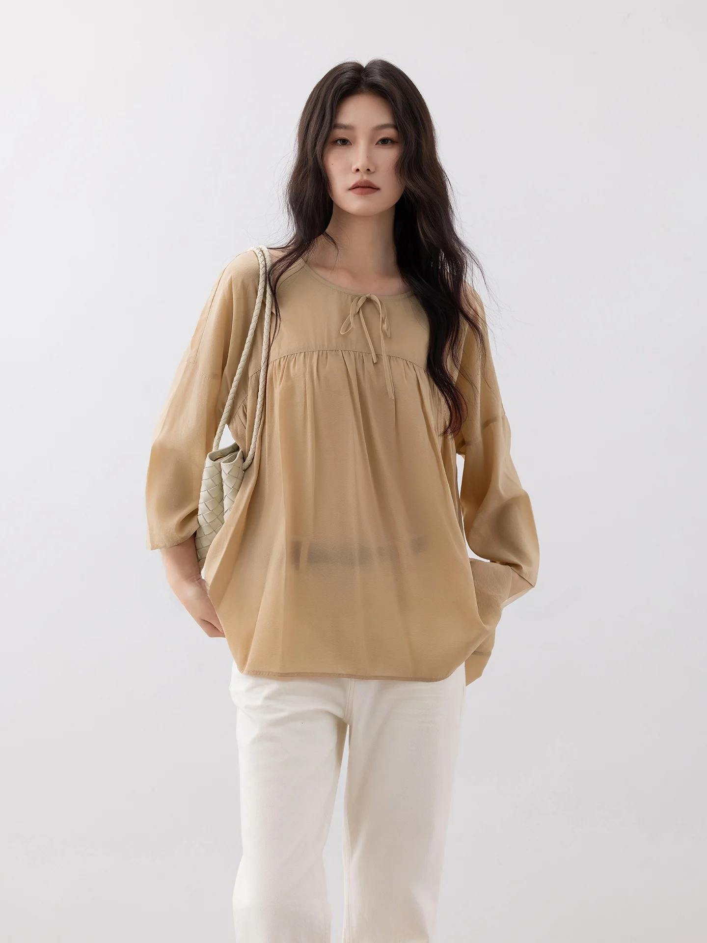 

Женская повседневная свободная футболка из смесового ацетатного шелка с круглым вырезом и завязками, однотонная, осенняя