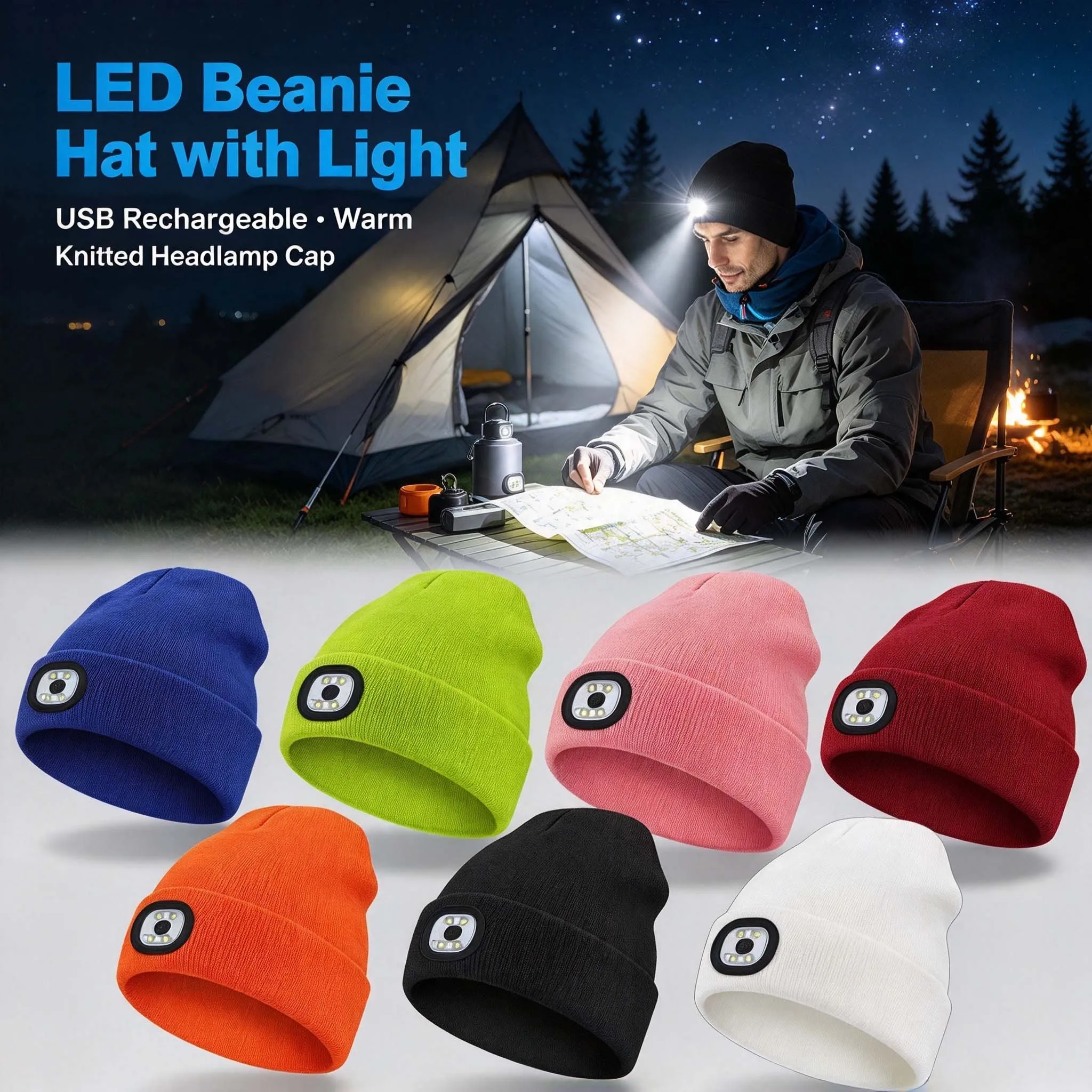 Hands Free LED Headlamp Beanie Hat Warm Winter Knitted Flashlight Cap for Men Women Night Running Camping Hiking Outdoor
